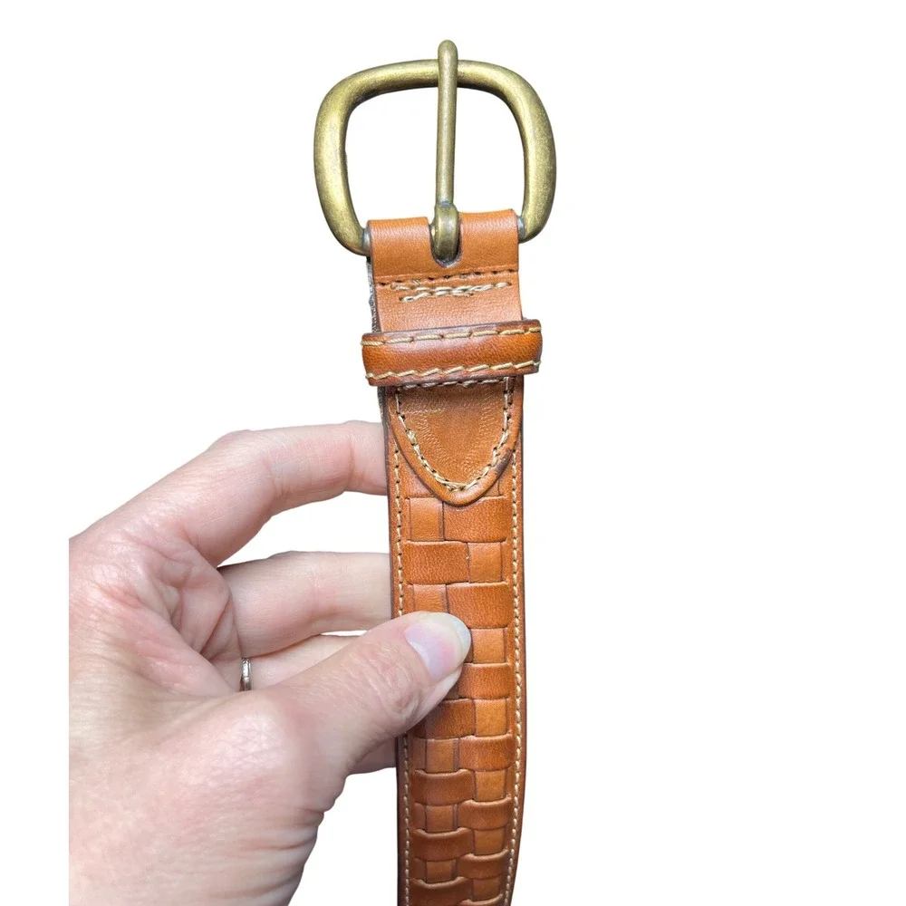 Basketweave Woven Leather Belt Brass Buckle Cognac Brown‎ Reworked 38